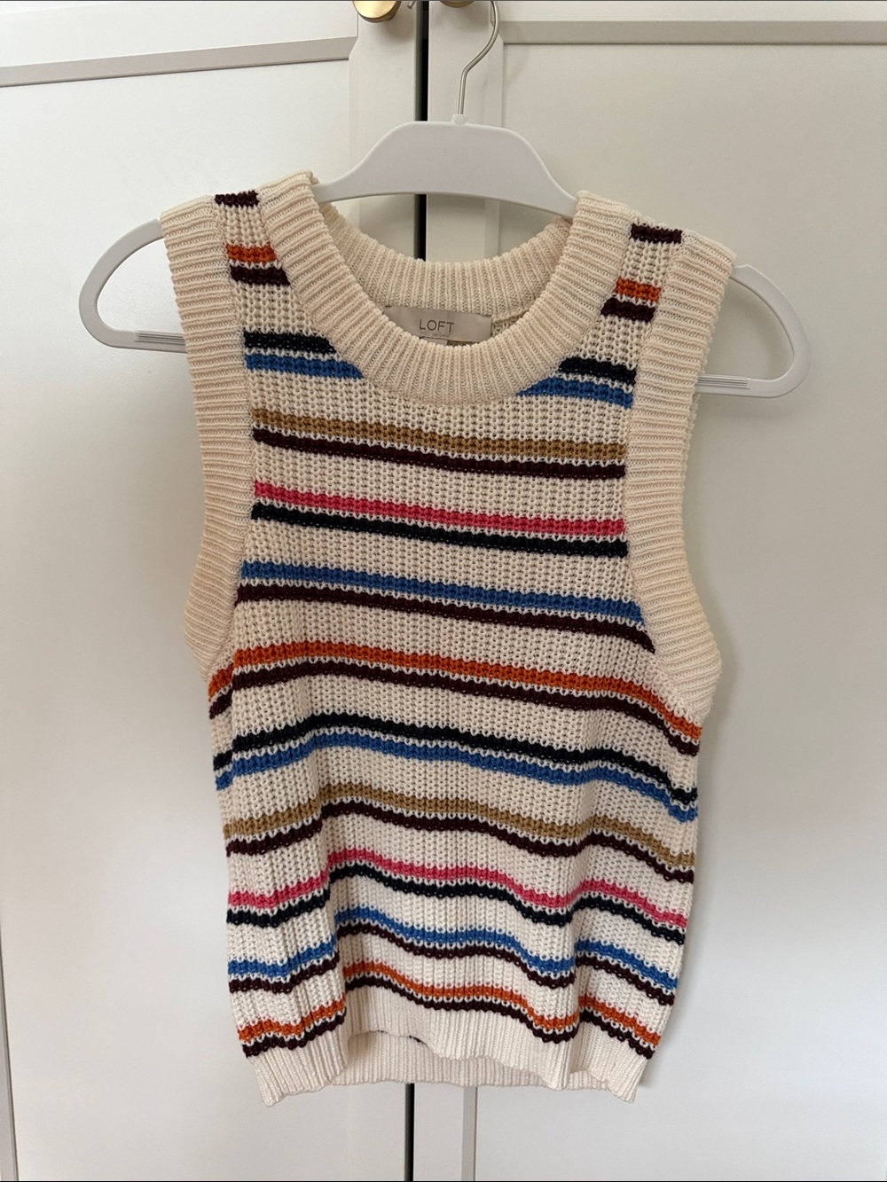 LOFT Cream Knit Sleeveless Sweater with Multicolor Stripes